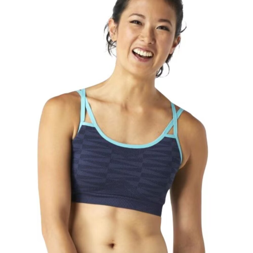 Smartwool Women Sports Bra Merino Seamless Strappy Geometric Navy Aqua Blue M